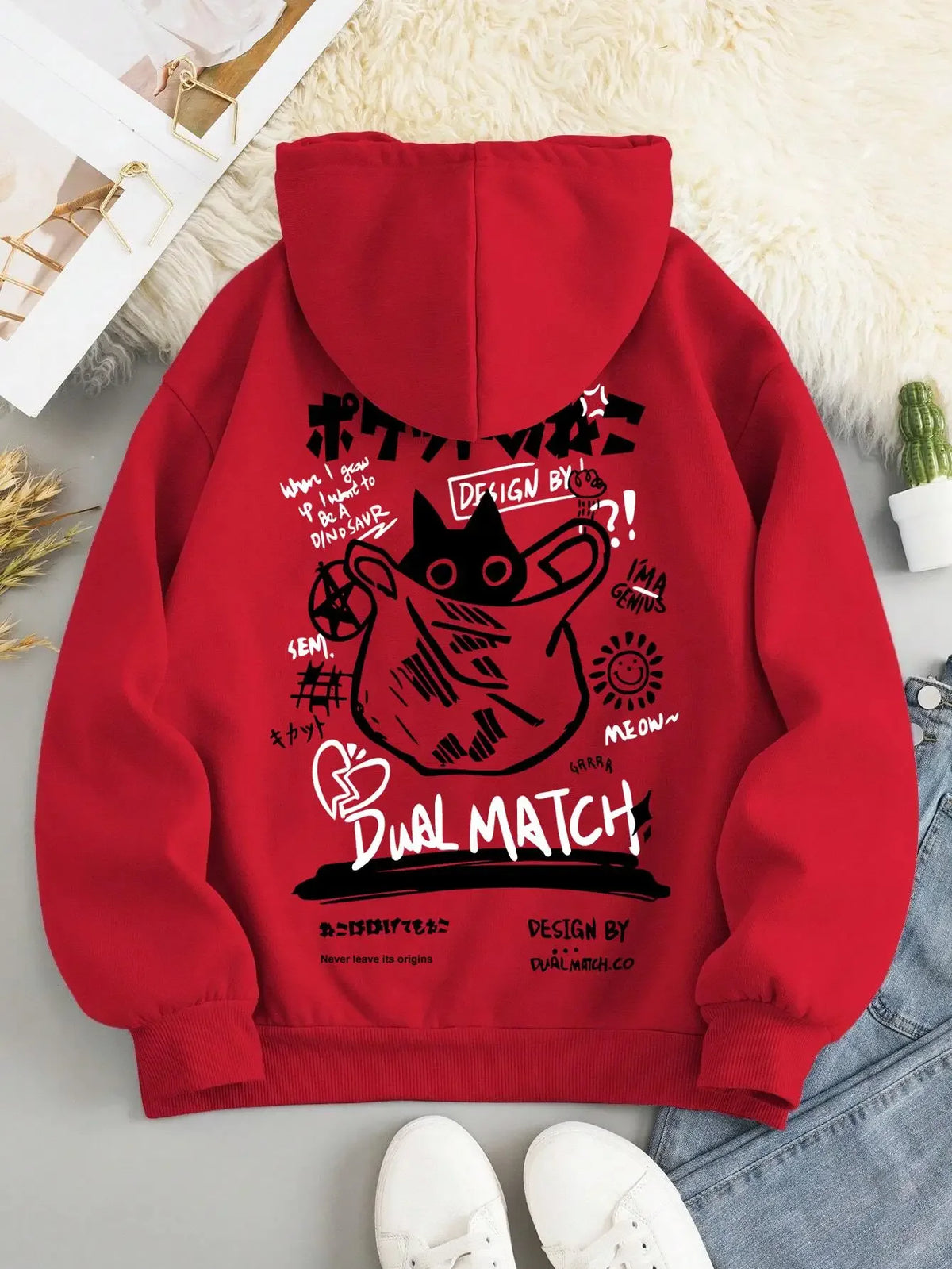 Cat Print Fleece Hoodie – Relaxed Unisex Fit