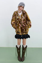 ELFSACK 2025 Gold Velvet Jacket Women's Winter Short Coat, Embroidered Goldfish Chinese Style Vintage Loose Padded Jacket