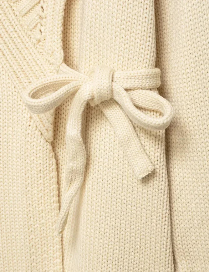 Chic V-neck Knitted Lace-up Women Cardigan Elegant Solid Full Sleeve Loose Cropped Sweater 2026 Lady Commute Office Cardigans