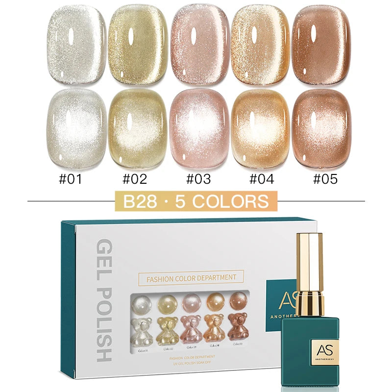 AS 15ml Glitter Cat Magnetic Nail Gel Polish Set 5 Colors Holographic Semi Permanent UV Gel Soak Off Sparkling Nail Art Varnish