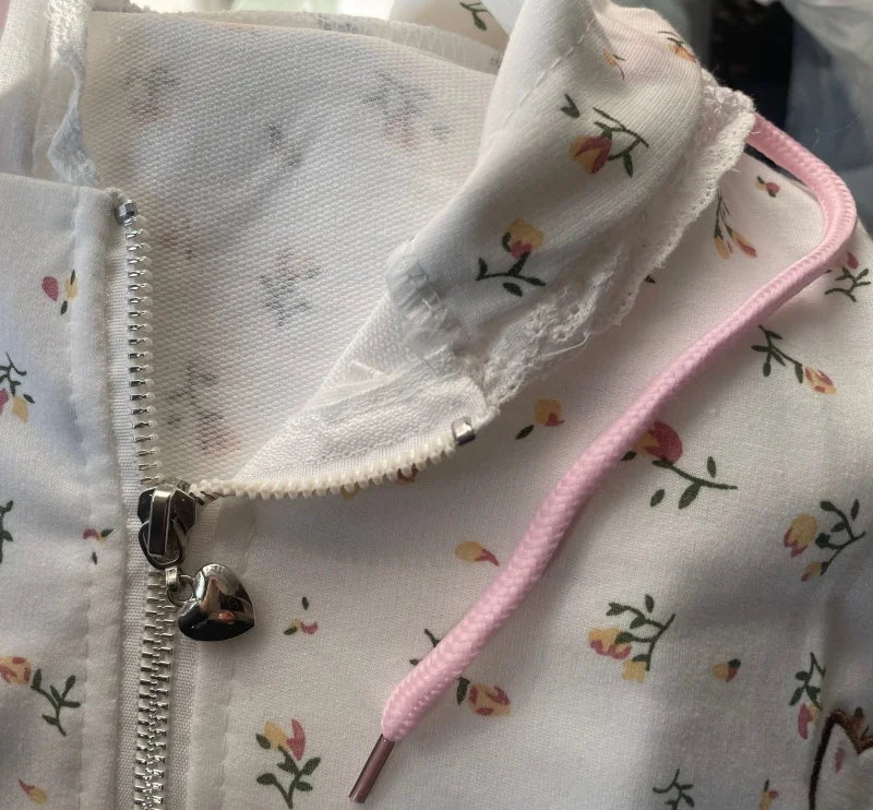 Women's Cat & Floral Print Zip-Up Hoodie