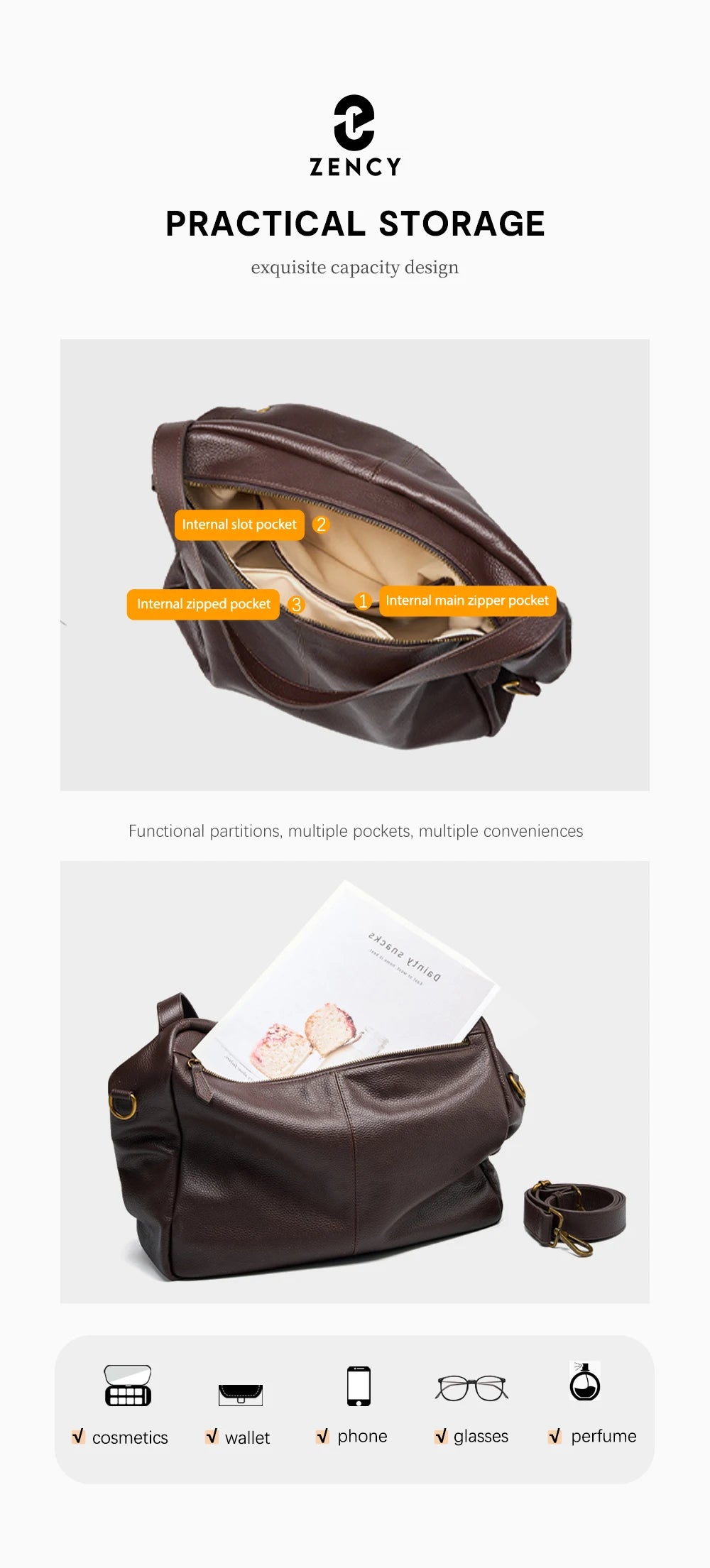Zency Large Capacity Shoulder Bag Purse Genuine Leather Women's Work Tote Bag Handbag Shopper Bag Pocket For A4 ipad Crossbody