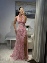 Contessa Customized Pink Floral Lace embroidery Prom Dress Halter Neck Sleeveless robes de soirée Slit Sheath Formal event dress