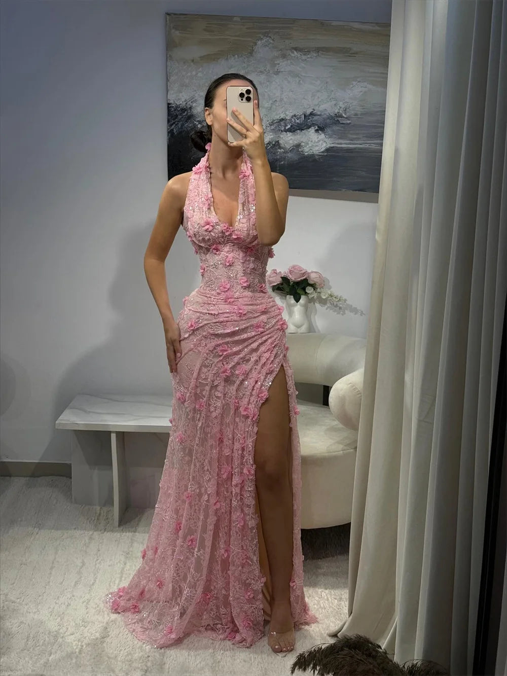 Contessa Customized Pink Floral Lace embroidery Prom Dress Halter Neck Sleeveless robes de soirée Slit Sheath Formal event dress