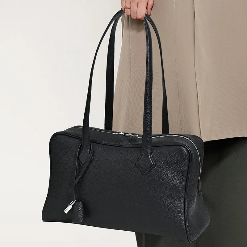 2026 Spring Luxury Brand Genuine Leather Women Bags Cowhide Casual Totes Women Handbags Fashion Silver Lock Shoulder Bags Woman