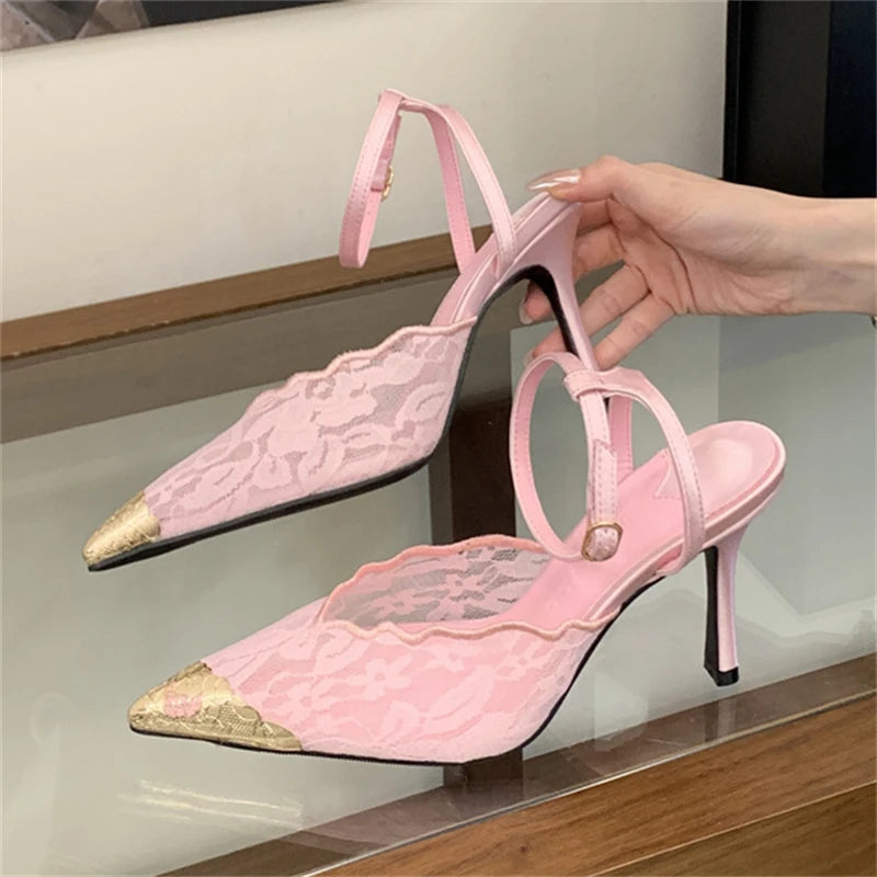 Aneikeh Pointed Toe Slingback Pumps – Floral Lace Heels