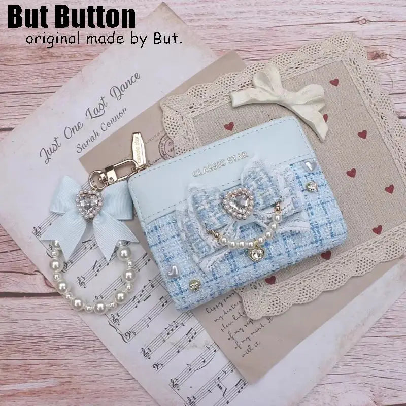 Kawaii Sweet Japanese Lolita Bow Wallet JK Harajuku Y2K Lace Rhinestone Short Wallet Mini Purse Card Holder Women Girls Gift
