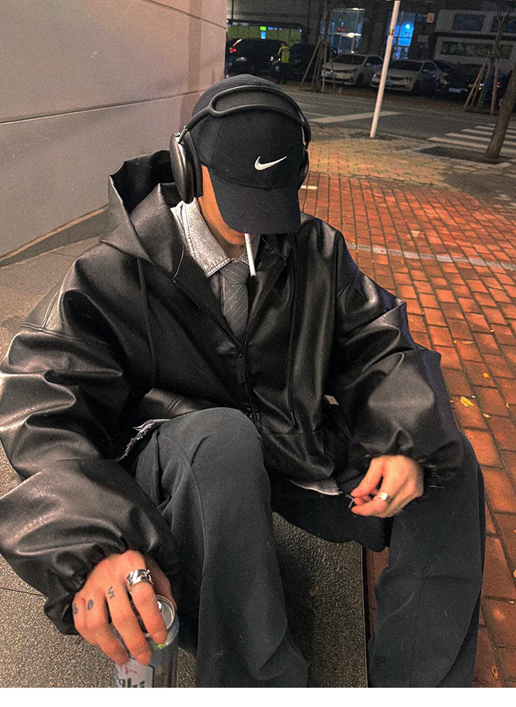 Men’s Oversized Hooded Faux Leather Jacket