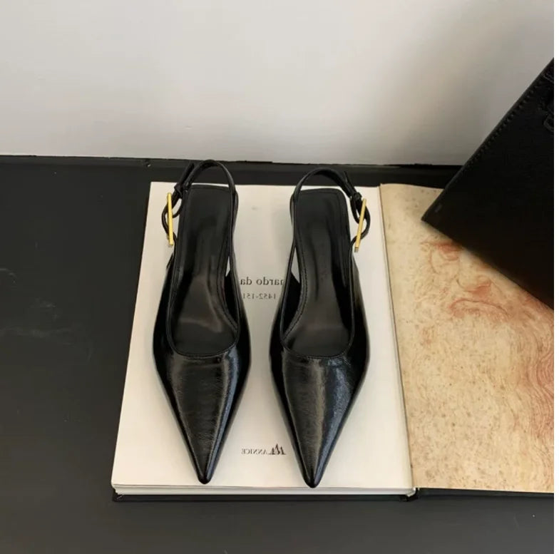 2026 Summer New Women Sandal Fashion Pointed Toe Shallow Slip on Ladies Elegant Slingback Shoes Thin Med Heel Dress Mules Pumps