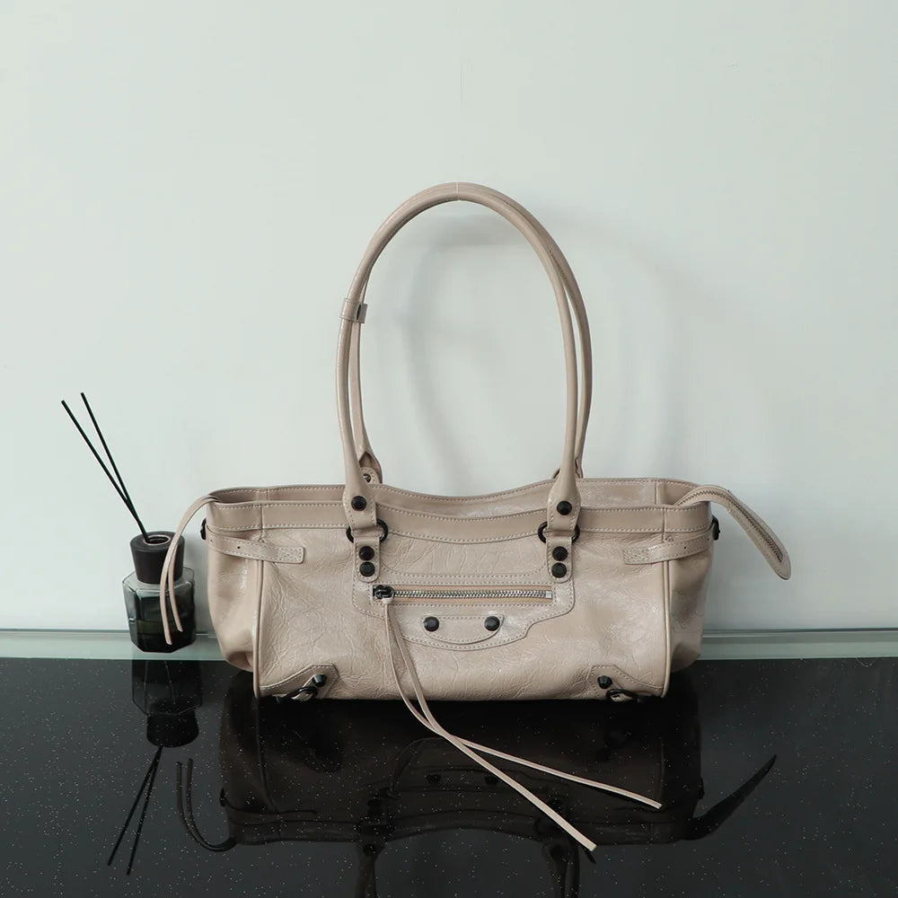 2025 Punk Style Rivet Shoulder Bag Ladies Crossbody Bag Top Layer Cowhide Leather Motorcycle Bag Fashion Accessory