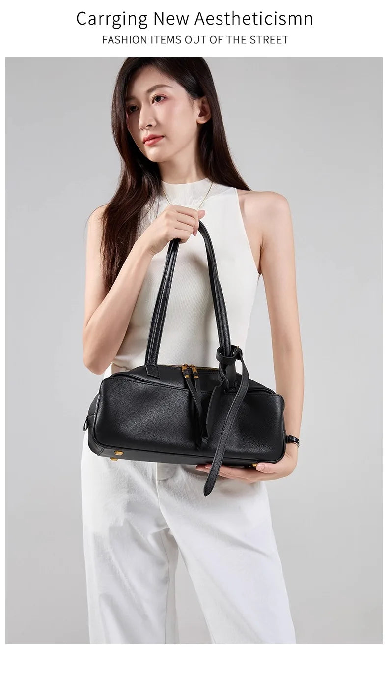 High Version Genuine Leather Pillow Bag for Women 2026 New All-Match Large Capacity First Layer Cowhide Bowling Bag for Women