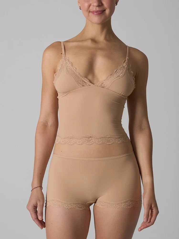 Europe American Simple Pink Light Thin Lace Strap Tank Top Flat Corner Lace Underwear for Women Comfortable Stretchy Short Sets