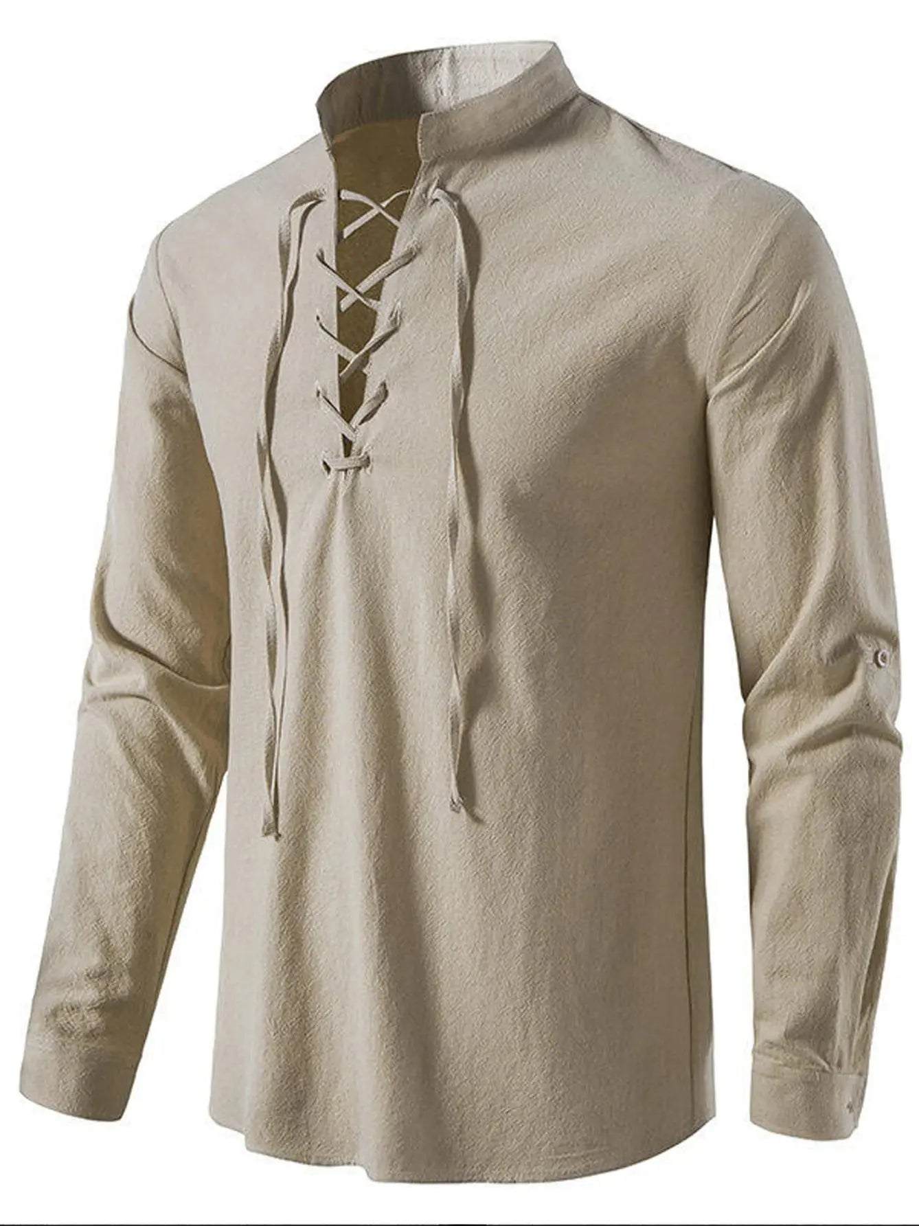Men's Casual Henley Shirt — Stand Collar, Long Sleeve with Drawstring Cuffs