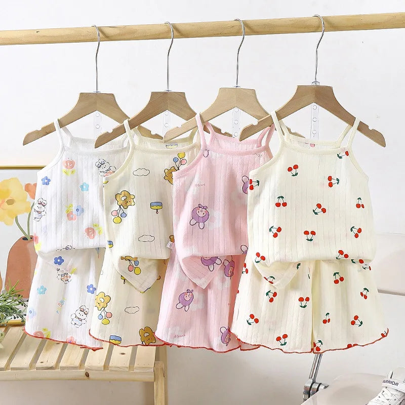 Baby Clothes Sets Summer Toddler Girl Strap Suits Cotton Printing Baby Boy Tops Tee and Shorts Infant Tracksuit Newborn Sets