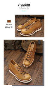 KOWM cow leather Hiking shoes Brown trekkin boots men  low cut workwear big toe shoes trendy casual ankle shoes walking sneakers