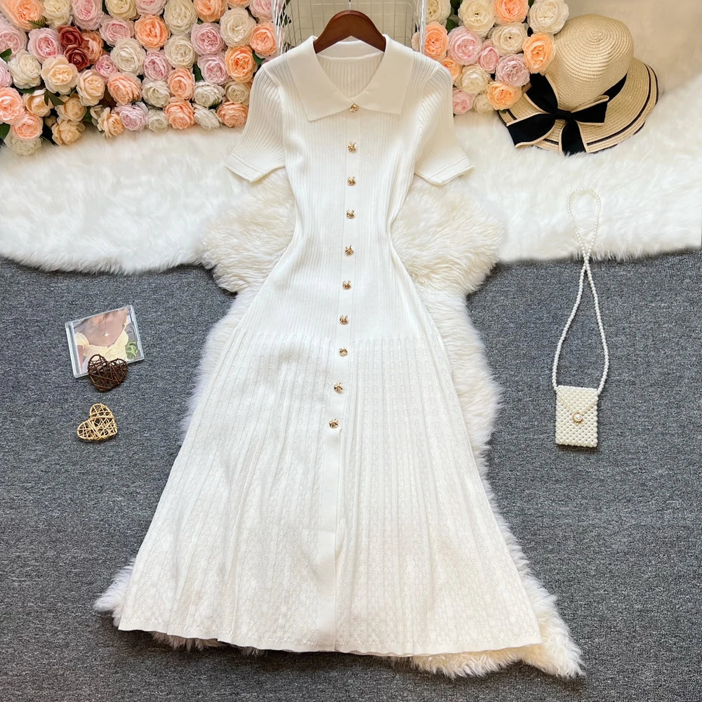 Elegant Collared Knit A-Line Midi Dress