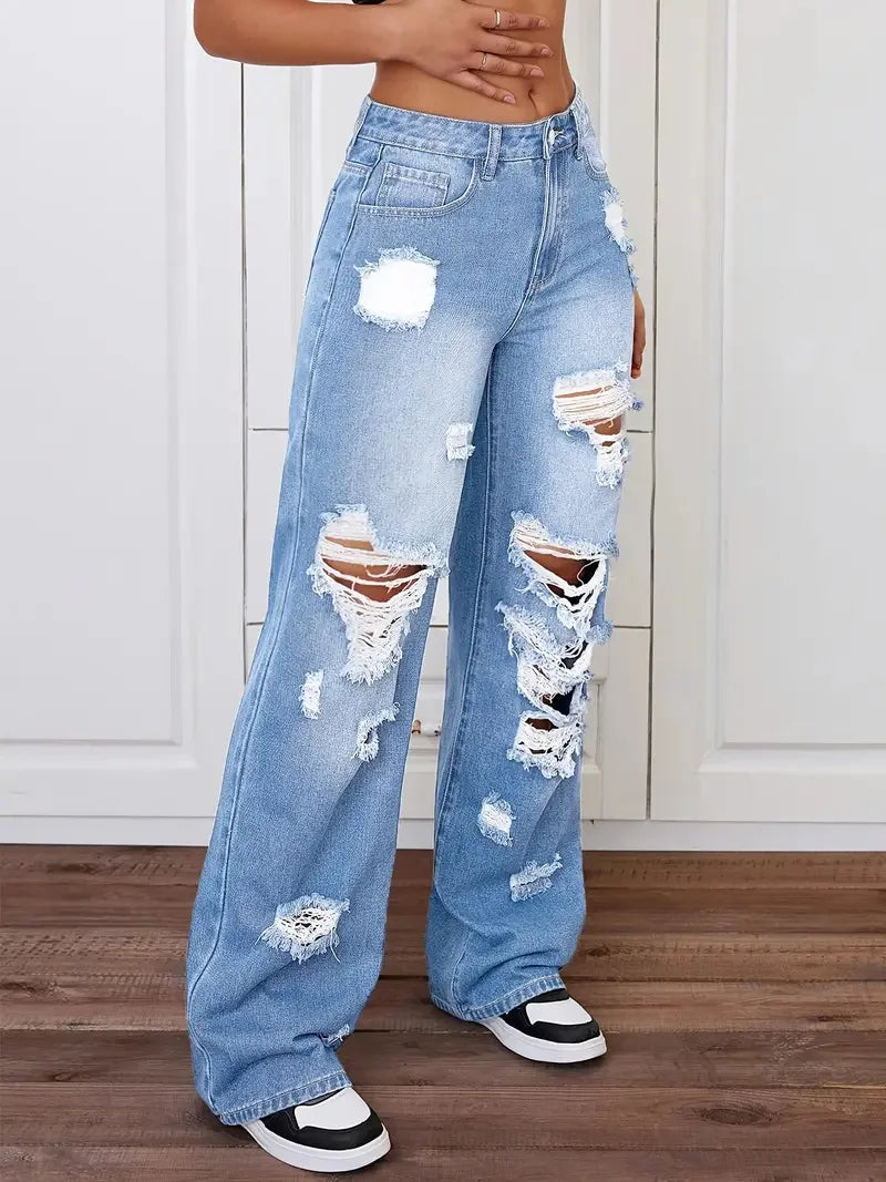 Women's Distressed Wide Leg Jeans | High Waist Denim