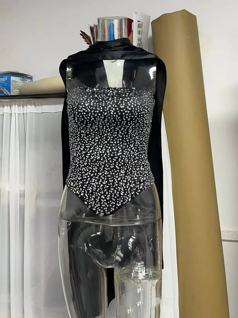 Mozision Sequins Sexy Dress Set Women Sparkle Scarf Collar Crop Tops And Maxi Skirt Elegant Club Party Satin Skirt Matching Set