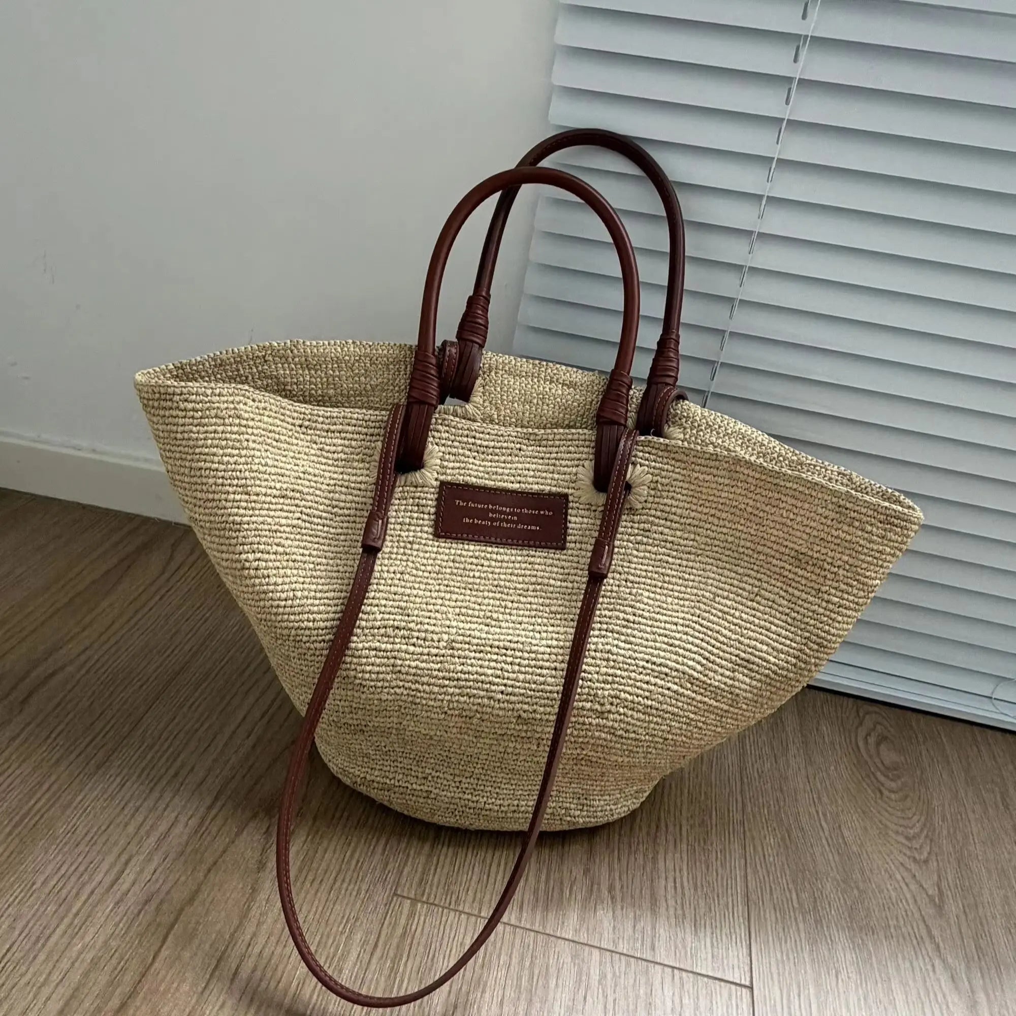 Women's Large Capacity Shoulder Bag Summer Lafite Straw genuine leather Woven Handbag Fashion Female Luxury Designer Beach Bag