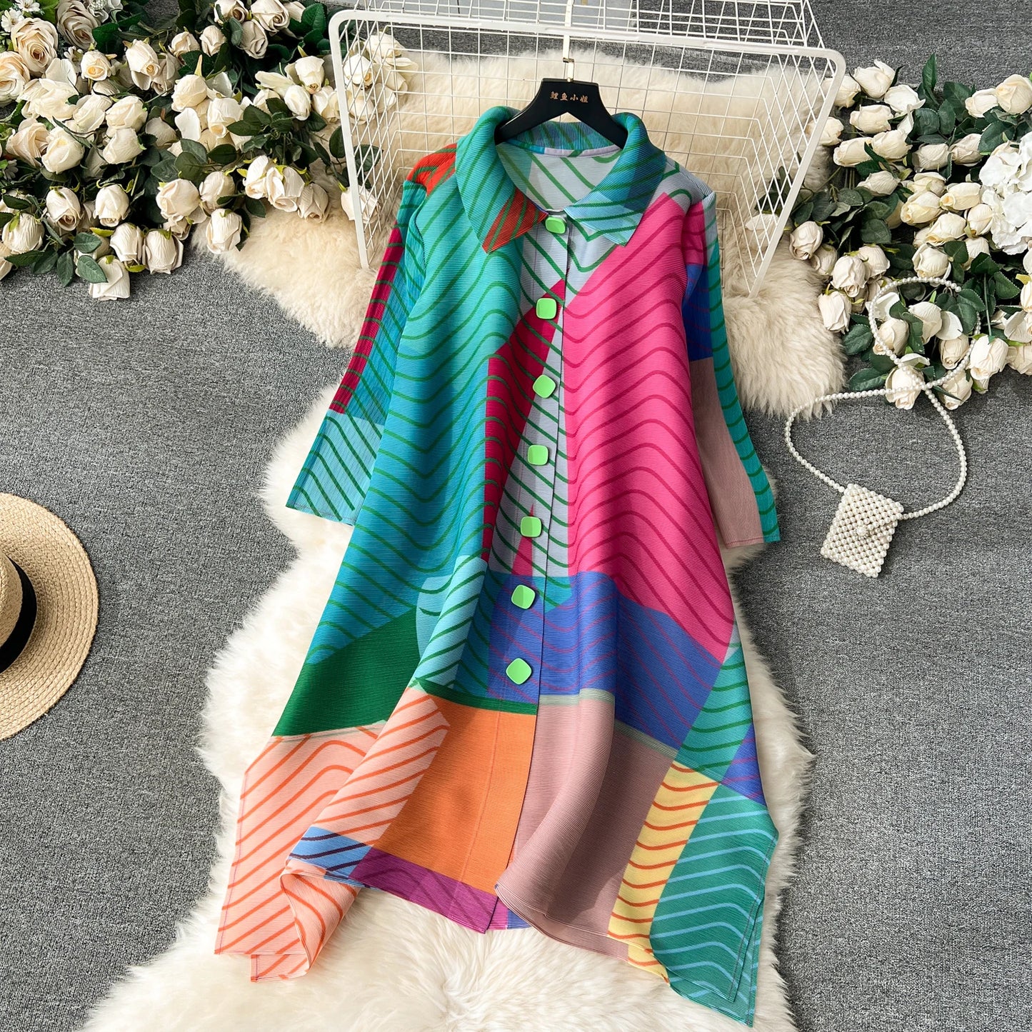 Miyake Pleated Drape Dress – Colorblock Print, 3/4 Sleeve