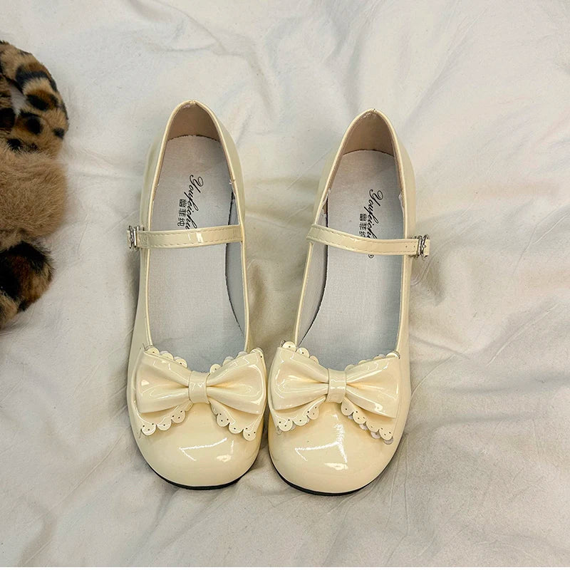 Cute Butterfly-knot Women Lolita Mary Jane Shoes Concise Thick Heel Leather Shoes Ladies Shallow Pumps