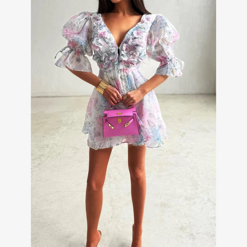 Pink Floral Printed Backless Mini Dress Women Elegant O Neck Long Sleeved Ruffles A-line Dresses Summer Chic Female Vestidos
