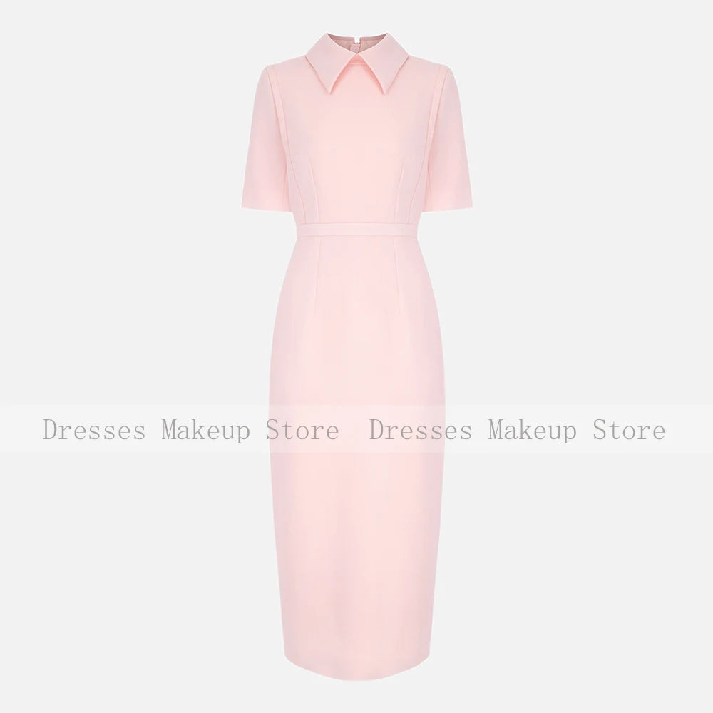 Customized Pink Cocktail Dress Short Sleeves Point Collar Modern Party Gowns Midi Tea Length Simple Women's Formal Dresses 2026