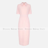 Customized Pink Cocktail Dress Short Sleeves Point Collar Modern Party Gowns Midi Tea Length Simple Women's Formal Dresses 2026