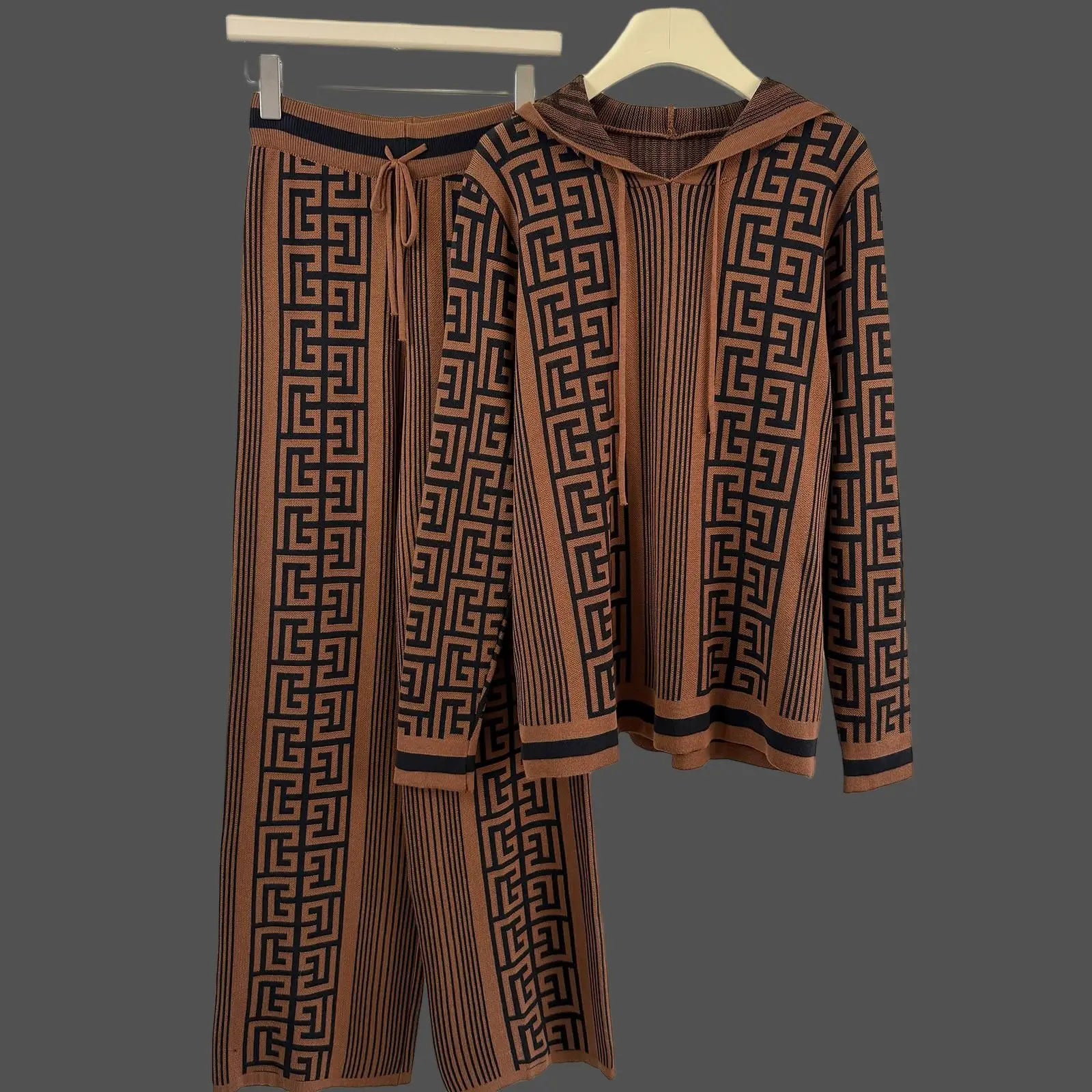 Geometric Knit Hoodie & High-Waist Wide-Leg Pants Set