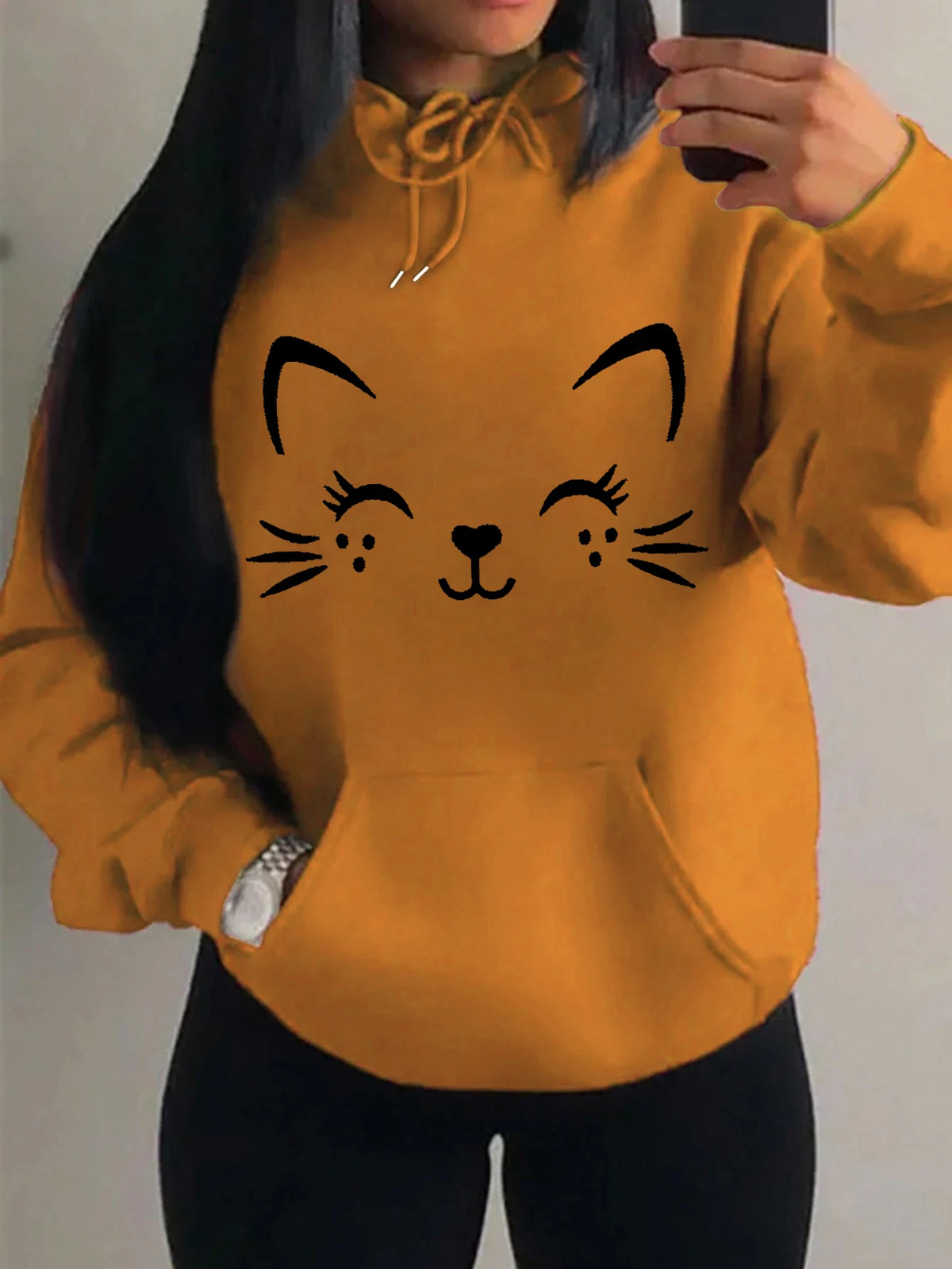 Women's Playful Cat Graphic Fleece Hoodie