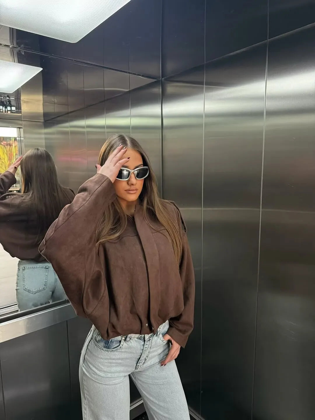 YENKYE New 2025 Women Suede Textured Bomber Jacket Long Sleeve Lapel Collar Loose Coats Casual Female Outerwear Chic Tops