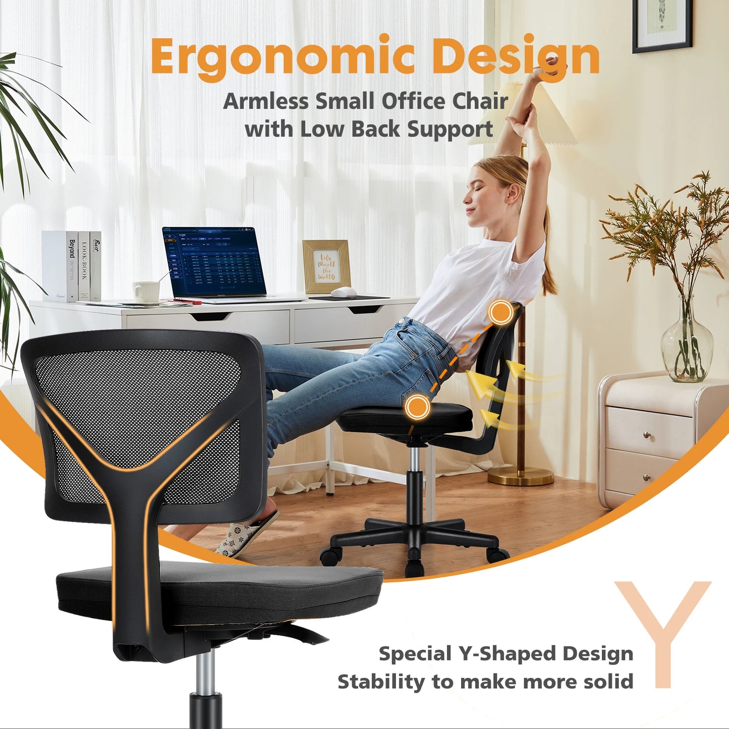 JHK Armless Mesh Office Chair | Lumbar Support & 360° Swivel