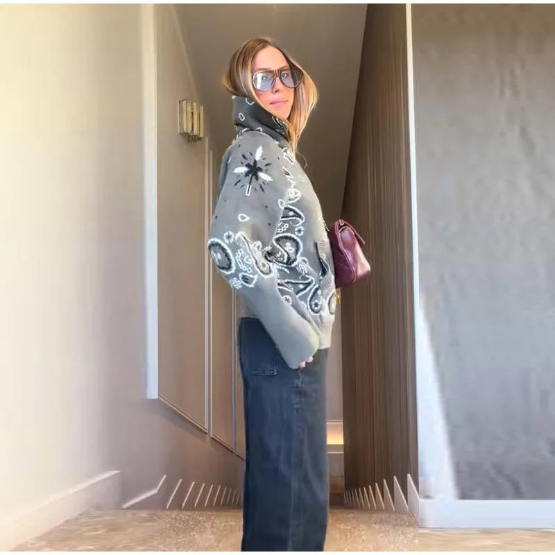 Vintage-Style Printed Knit Cardigan