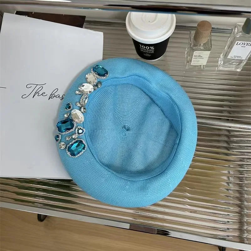 INS Summer rhinestone beret women's new fashion versatile hat thin breathable painter hat handmade rhinestones versatile pumpkin