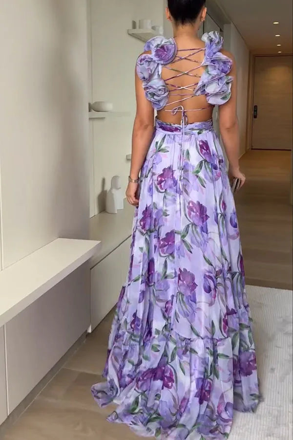 Elegant V-Neck Floral Silk-Laminate Maxi Dress – Summer 2025 Edition