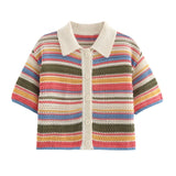 Women Patchwork Striped Hollow Out Crochet Knitted Crop Sweater Shorts Set Short Sleeve Polo Collar Sweater Knit Shorts Suit Y2K