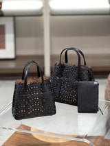 New Tote Bag French Cowhide Handmade Bag Niche Laser Engraved Hollow Leather Vegetable Basket Bag Casual Versatile Temperament
