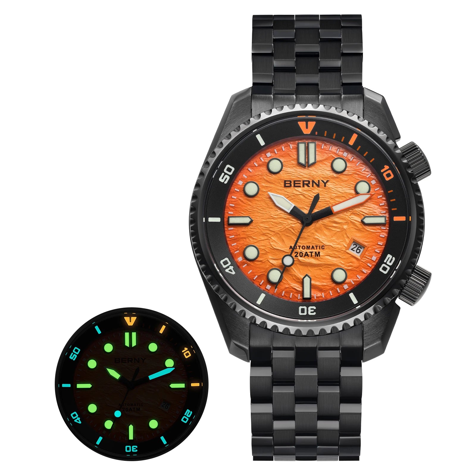 BERNY Automatic Diver Watch for Men Top Luxury Sapphire 316L Steel New Wave Dial 200M Waterproof Mechanical Diving Men's Watches