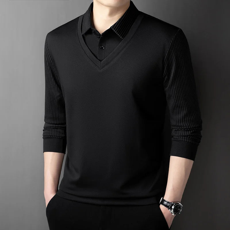Men's Contrast Polo Shirt – Relaxed Long Sleeve Layered Look