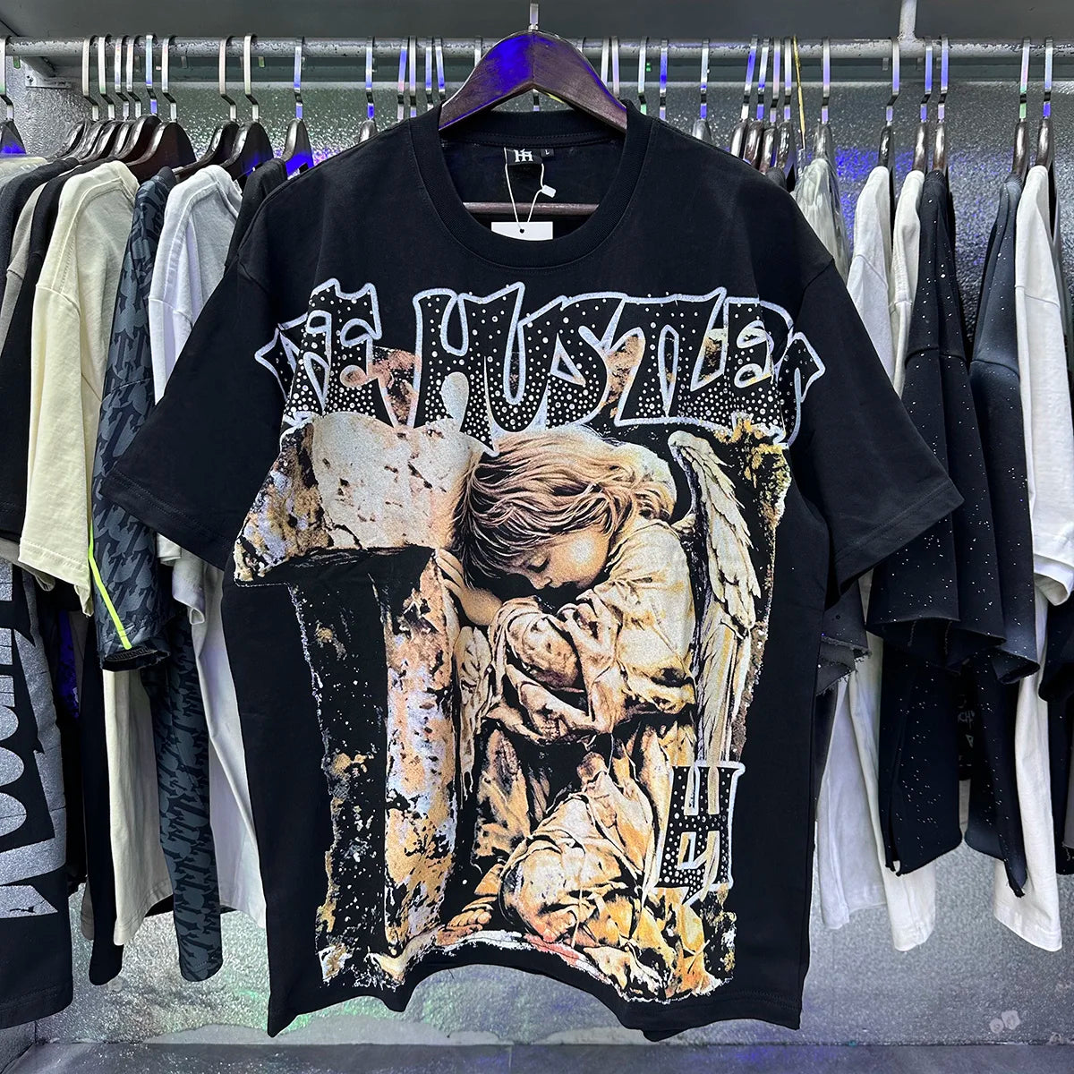 Oversized Rhinestone Cotton Crew Neck T-Shirt