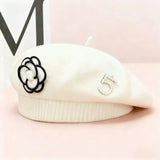 Women's Floral Pearl Knit Beret – Elegant Winter Hat