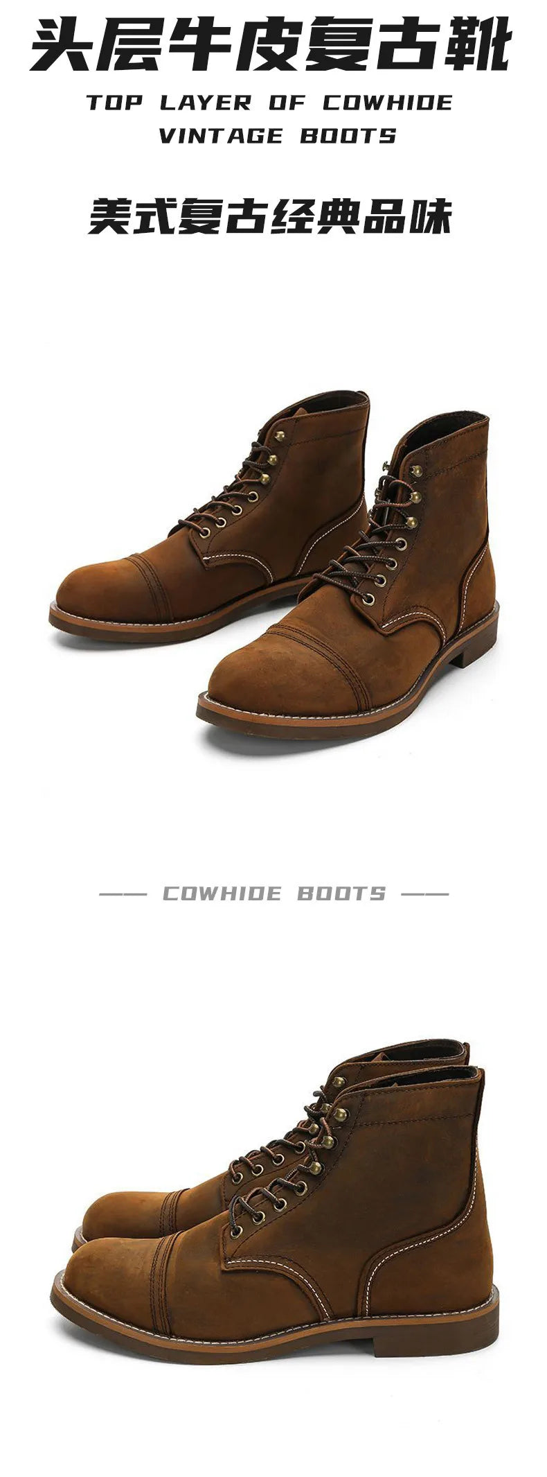 KOWM Hiking shoes men's walking boots British cowhide high top motorcycle boots ankle casual sneakers trekking shoes thick soled