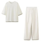 DUOPERI Women Fashion 2 Pieces Sets Solid Loose T-Shirt and High Elastic Waist Trousers Female Chic Lady Casual Pant Coordinates