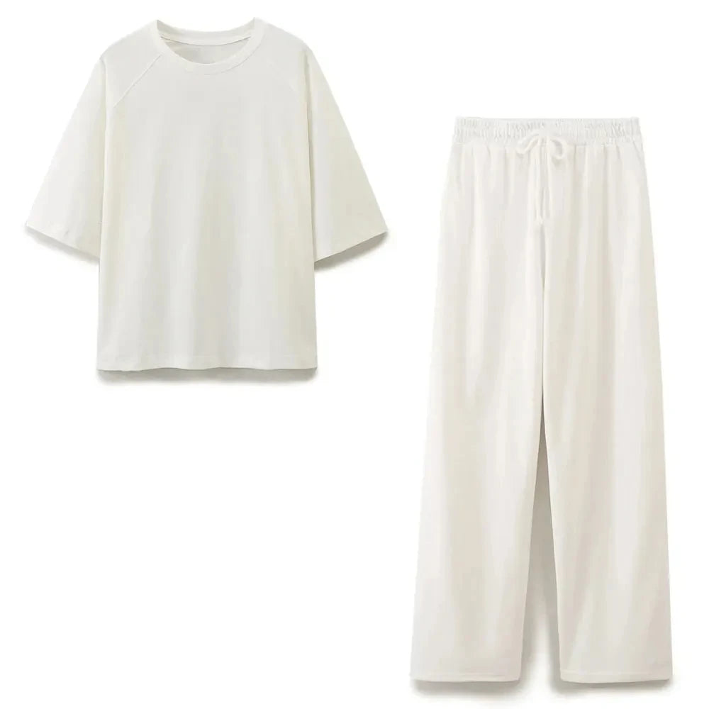 DUOPERI Women Fashion 2 Pieces Sets Solid Loose T-Shirt and High Elastic Waist Trousers Female Chic Lady Casual Pant Coordinates
