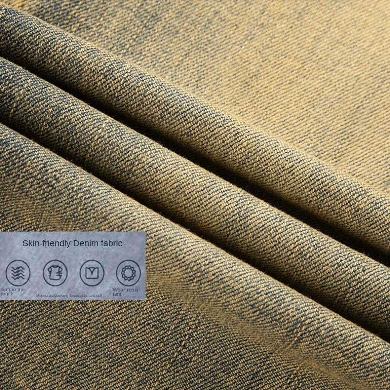 2026 European Trendy Brand Yellow Mud Jeans Men's Retro Old Slim Fit Fashion Long Pants Autumn and Winter Thick Pants