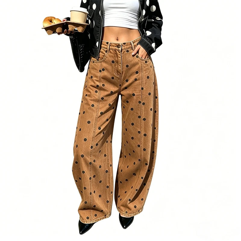 Fashion Women Barrel Jeans Dot Print Loose Denim Pants Spring Casual Baggy Trousers Fashion Wide-Leg Pants