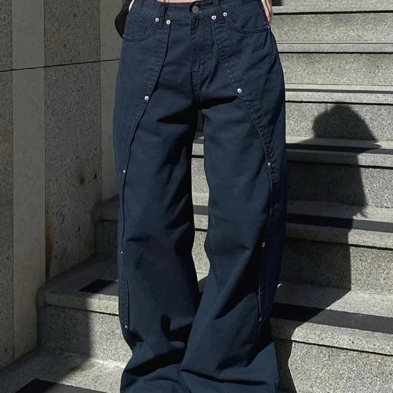 Vintage Rivet Patchwork Wide-Leg Jeans
