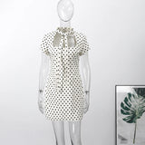 Fashion Polka Dot Mini Dress For Women Elegant Bow Tie Neck Short Sleeve Waist Slim Dress Lady 2026 Spring Summer Chic Vestidos