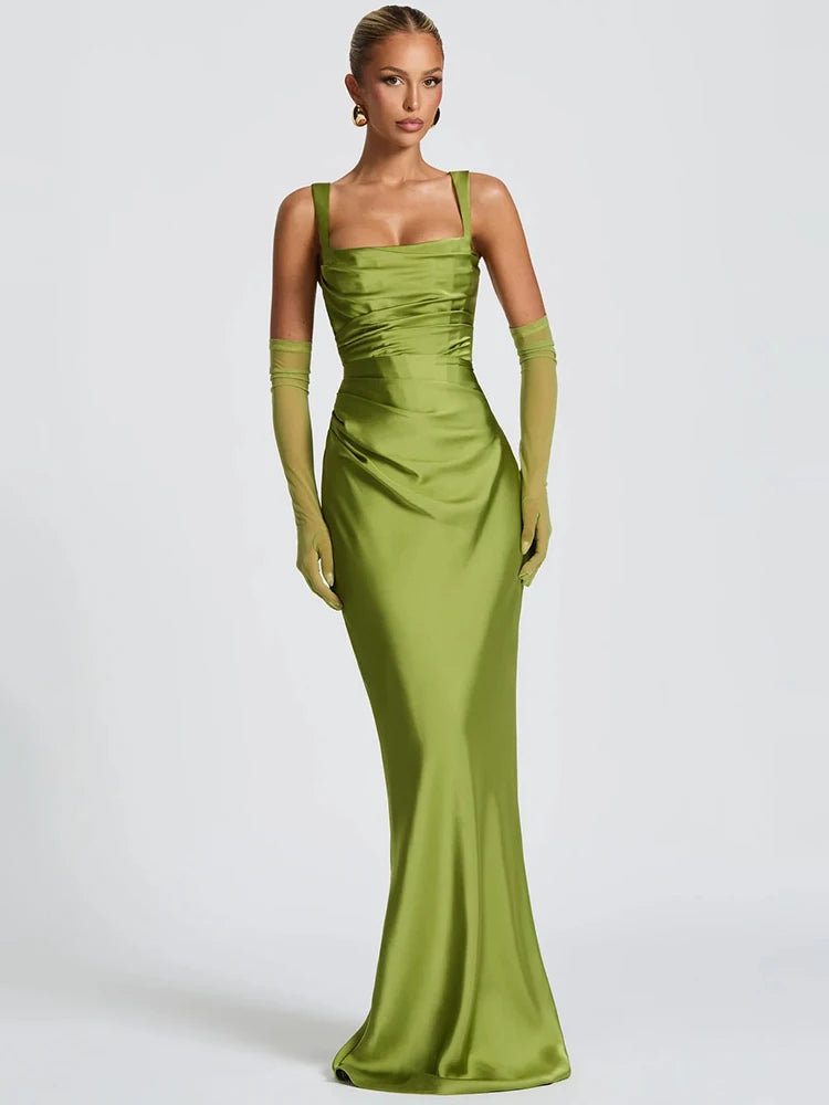 Elegant Backless Satin Maxi Dress – Sleeveless Halter Bodycon Party Gown