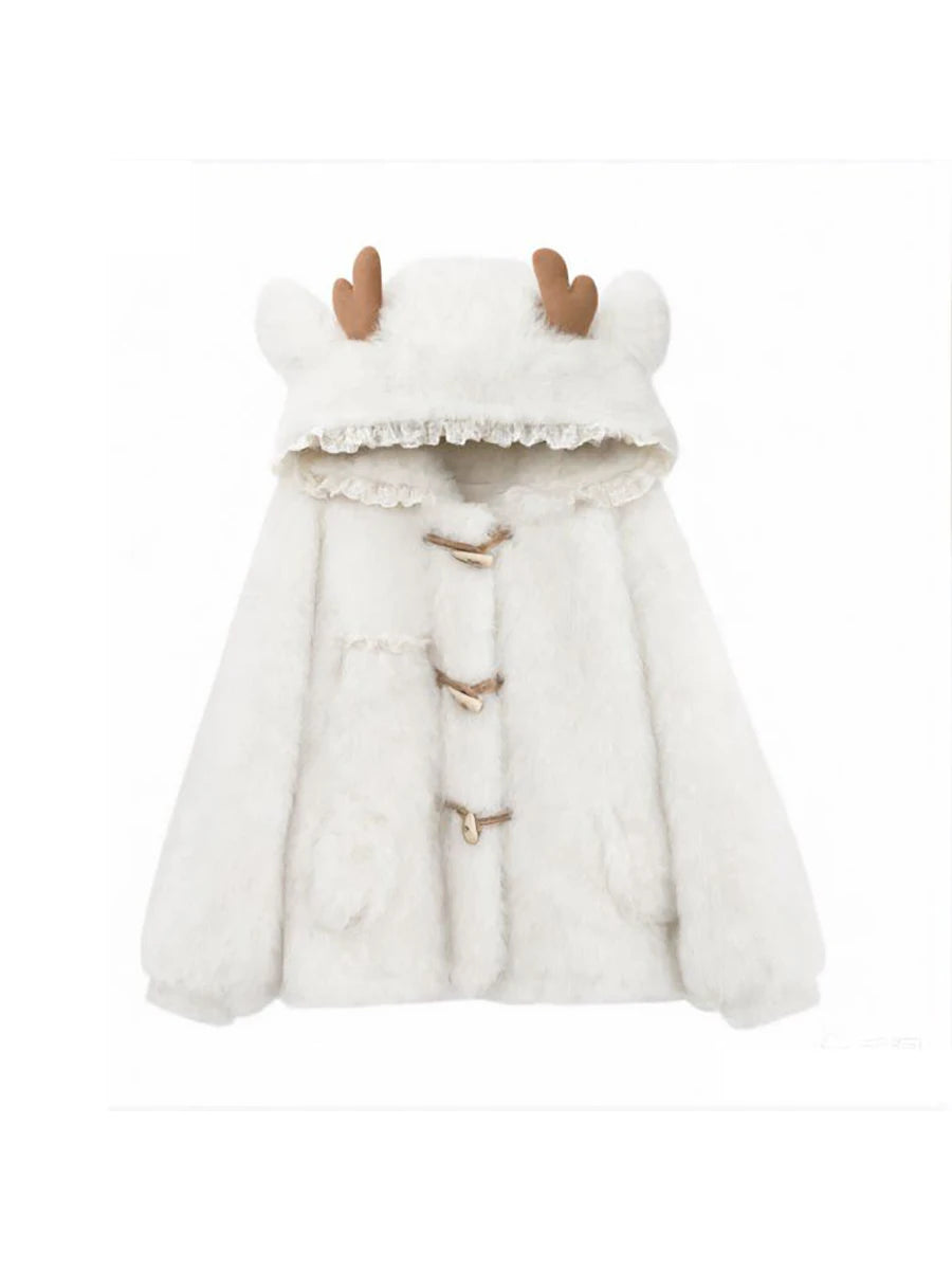 Women's Hooded Faux Fur Coat with Deer Ears